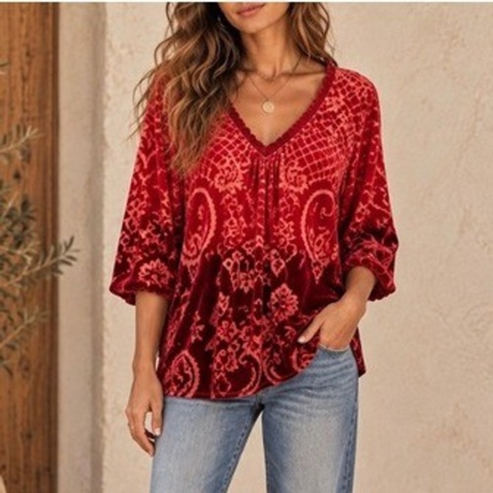 SUNDANCE Burnout Velvet Silk Boho Paisley Tunic Top